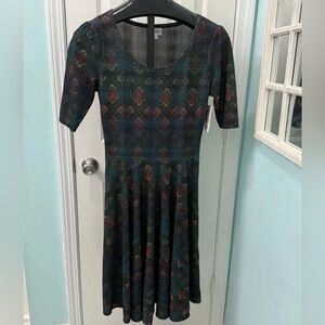 NWT LuLaRoe Women's Nicole Size L Black Orange Green Geometric Pattern Dress